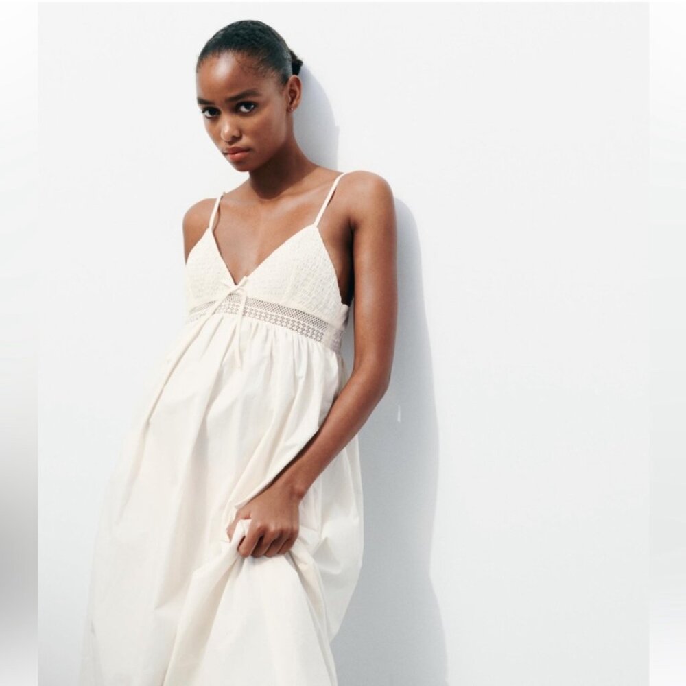 Zara Poplin Midi Ecru White Dress Crochet panel summer beach sz XS